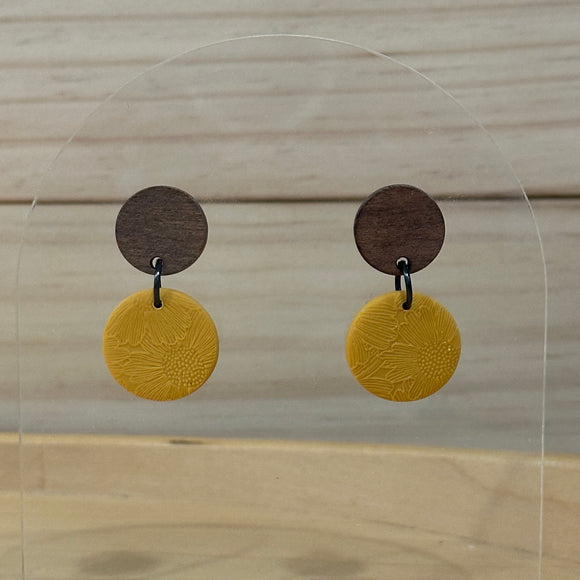 Mustard Wood Top Dangles - Sunflower texture