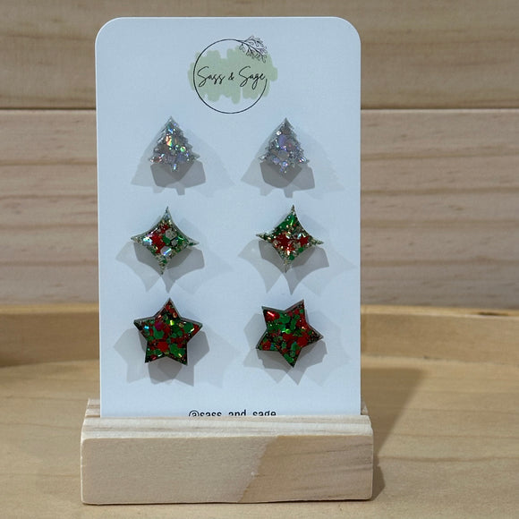 Christmas Glitter Resin Stud Pack (3 pairs)