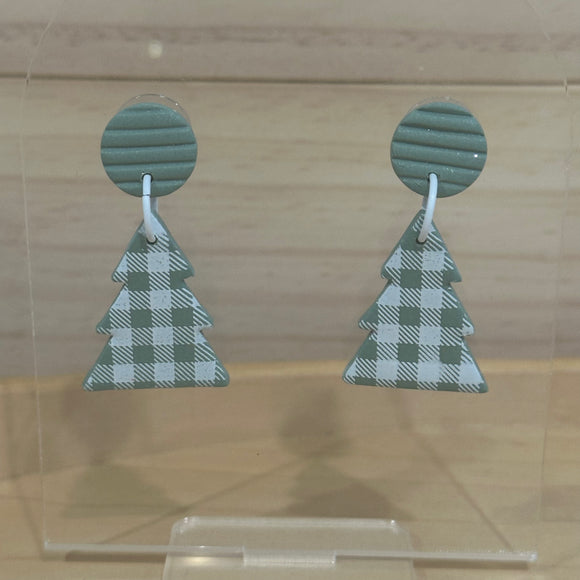 Soft Green & White Gingham Christmas Trees Dangles